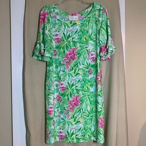 Pappagallo 'Erika' tropical print shift dress with short ruffled sleeves